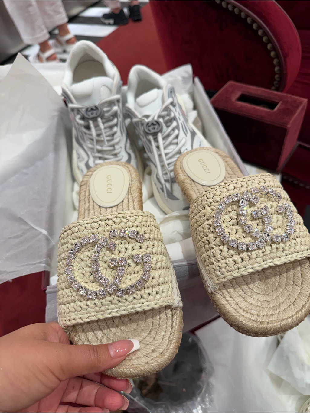 Gucci Beige Raffia Crystal Gg Slide Mules